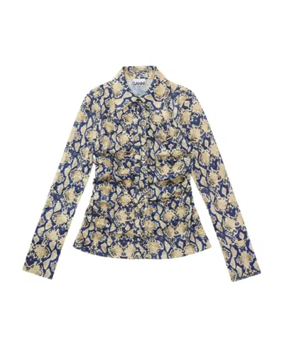 Ganni Fitted Button-front Crinkled Satin Shirt In Multi