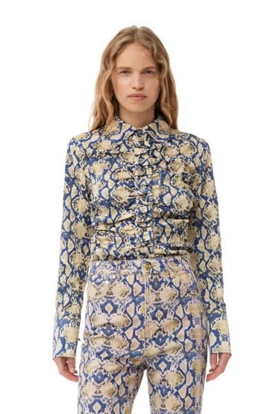 Ganni Fitted Button-front Crinkled Satin Shirt In Multi