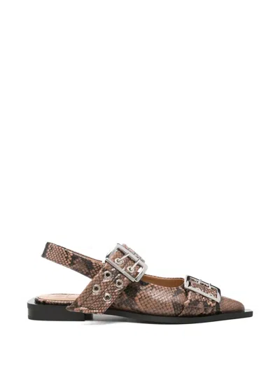 Ganni Snake-effect Ballet Flats In Brown