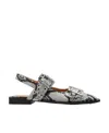 Ganni Buckled Eyelet-embellished Snake-effect Recycled Faux Patent-leather Ballet Flats In Black