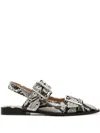 Ganni Buckled Eyelet-embellished Snake-effect Recycled Faux Patent-leather Ballet Flats In Neutrals