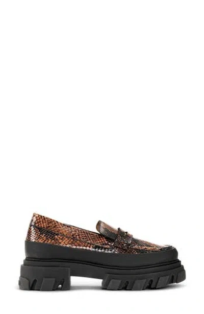 Ganni Snakeskin Embossed Lug Loafer In Cognac