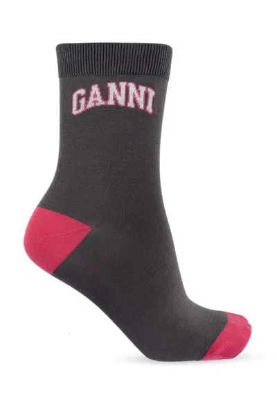 Ganni Socks With Logo In Grey