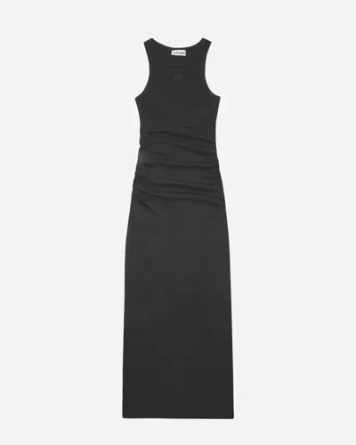 Ganni Soft Cotton Rib Tank Top Long Dress In Black