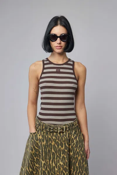 Ganni Soft Cotton Rib Tank Top Stripe In Brown
