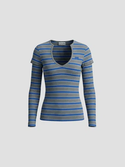 Ganni Soft Cotton Rib V-neck Long Sleeve Top In Blue