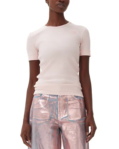 Ganni Soft Ribbed Short Sleeve Tee In Chalk Pink