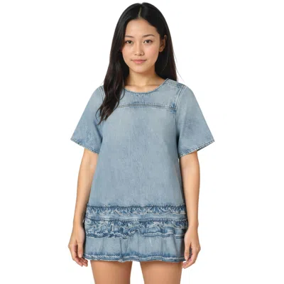 Ganni Soft Rigid Denim Open Back Frill Mini Dress In Blue