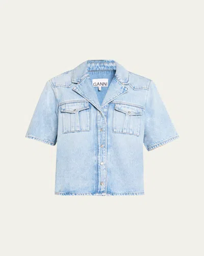 Ganni Soft Rigid Short-sleeve Denim Shirt In Blue