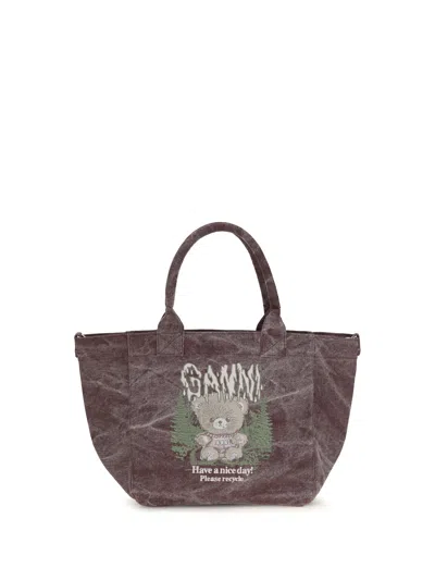 Ganni Soft Teddy-effect Cotton Tote Bag In Brown