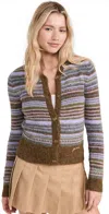 Ganni Soft Striped Cardigan With Fluffy In Military Olive