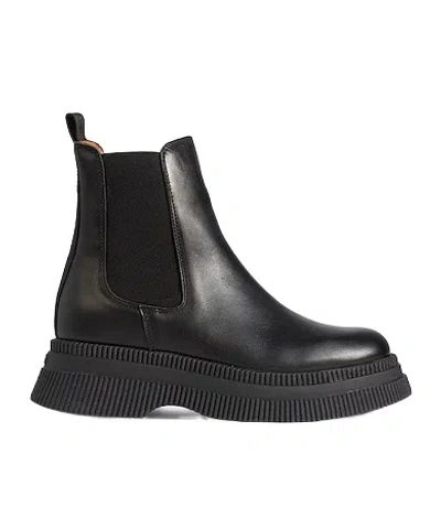 Ganni Solid Color Genuine Leather Platform Boots In Black