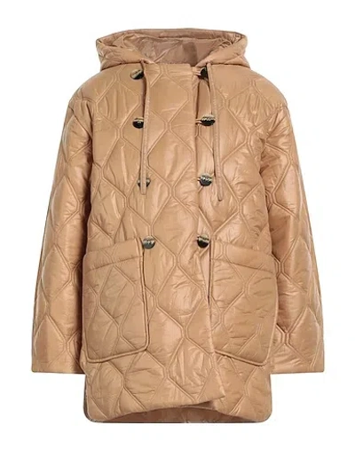 Ganni Solid Color Hooded Long-sleeve Down Coat In Brown