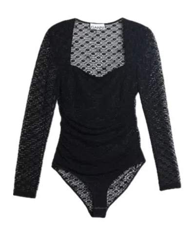 Ganni Solid Color Lace Long-sleeve Bodysuit In Black