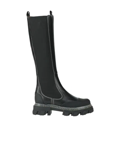 Ganni Solid Color Leather Platform Boots In Black