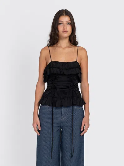 Ganni Solid Satin Slip Top In Black