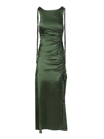 Ganni Solid Stretch Satin Gathered Long Dress Dresses Green
