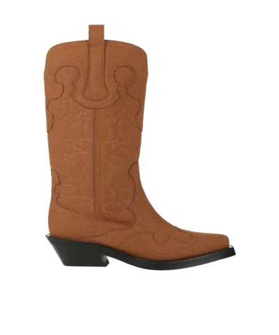 Ganni Solid-colored Denim Boots In Brown