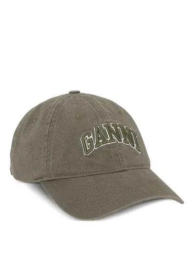 Ganni Washed Cotton Canvas Cap Emb Kalamata In Green