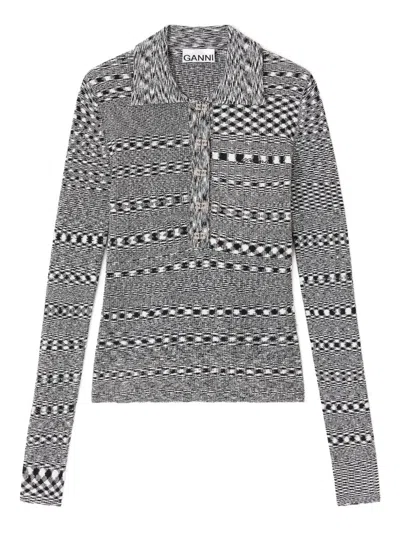 Ganni Space-dye Check Polo Neck Top In Gray