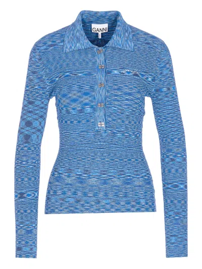 GANNI SPACEDYED LOGO-BUTTON POLO TOP