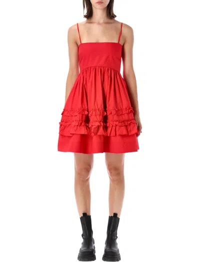 Ganni Spaghetti Strap Mini Dress With Frill Detail In Rosso