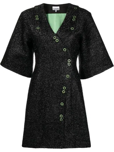 Ganni Shoulder Cutout Sparkle Mini Dress In Black