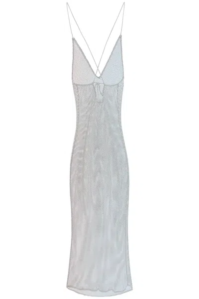 Ganni Sparkling Silver Mesh Dress With Iridescent Crystals In Grey