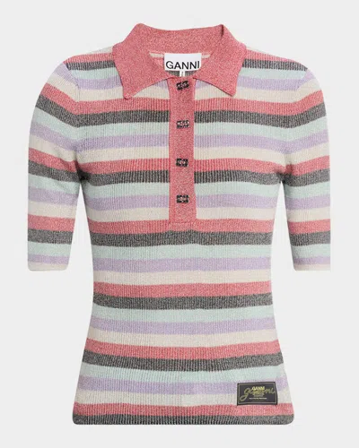 GANNI SPARKLY RIB-KNIT POLO
