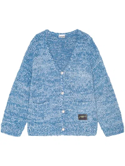 Ganni Speckle-knit Cardigan In Blue