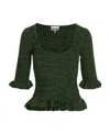 Ganni Ruffle-trimmed Ribbed-knit Sweater In Green