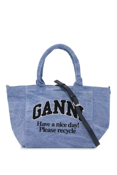 Ganni Sponge Logo Tote Bag With Nine Words In Blue
