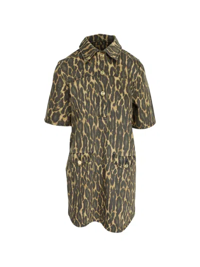 Ganni Mc Denim Animal Print Short Dress In Pattern