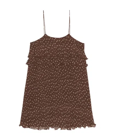 Ganni Square-neck Motif-print Dress In Brown