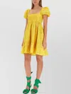 Ganni Square Neck Puff Sleeve Mini Dress In Yellow