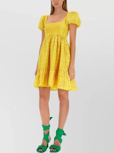 Ganni Square Neck Puff Sleeve Mini Dress In Yellow