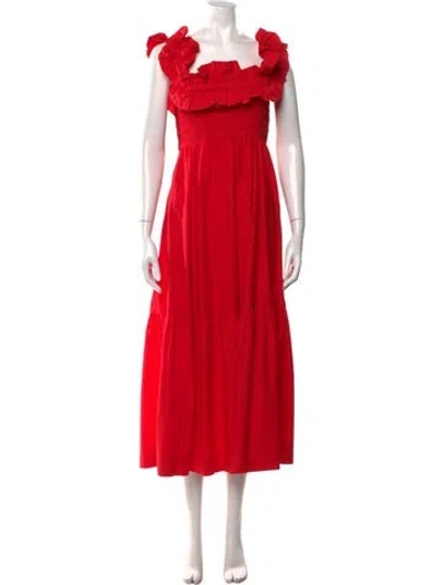 Pre-owned Ganni Square Neckline Long Dress In Red