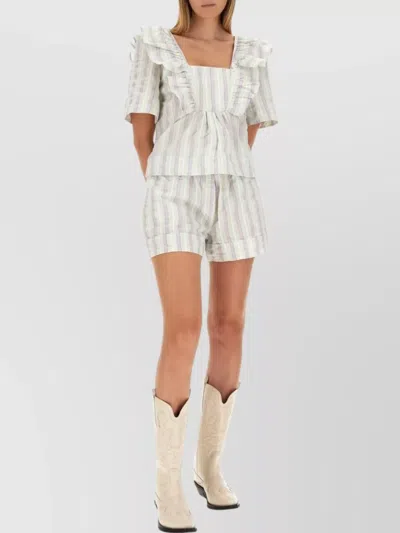 GANNI SQUARE NECKLINE STRIPED RUFFLE BLOUSE