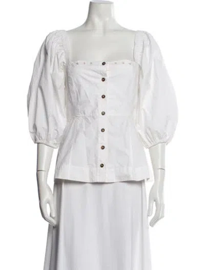 Pre-owned Ganni Square Neckline Three-quarter Sleeve Blouse In White