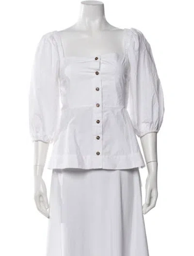 Pre-owned Ganni Square Neckline Three-quarter Sleeve Blouse In White