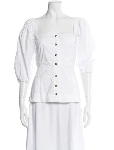 Pre-owned Ganni Square Neckline Three-quarter Sleeve Blouse In White