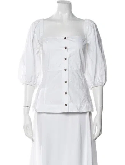 Pre-owned Ganni Square Neckline Three-quarter Sleeve Button-up Top In White