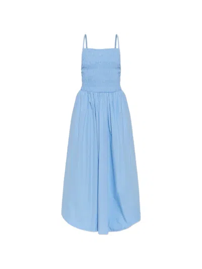 Ganni A-line Cotton Midi Dress With Square Neckline And Thin Straps In Blue