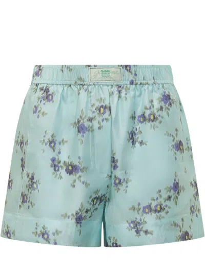 Ganni Stampaint Floral Mini Shorts In Blue