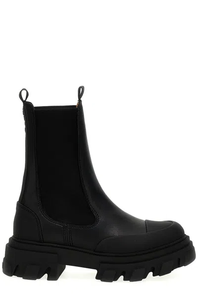 Ganni Stitch Cleated Mid Chelsea Boots In Black