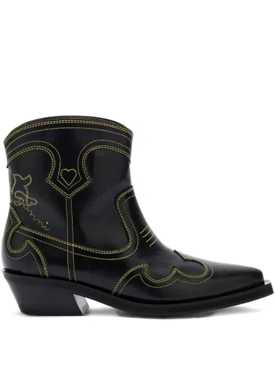 Ganni Stitching Pointed Boots In Black