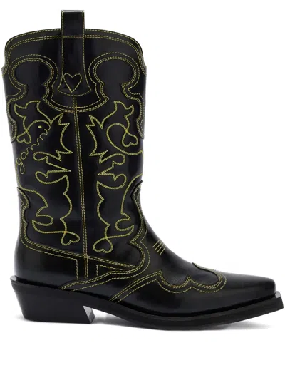 Ganni Stitching Pointed Boots In Black