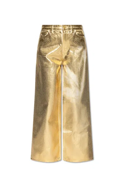 Ganni Metallic-effect Cotton Jeans In Gold