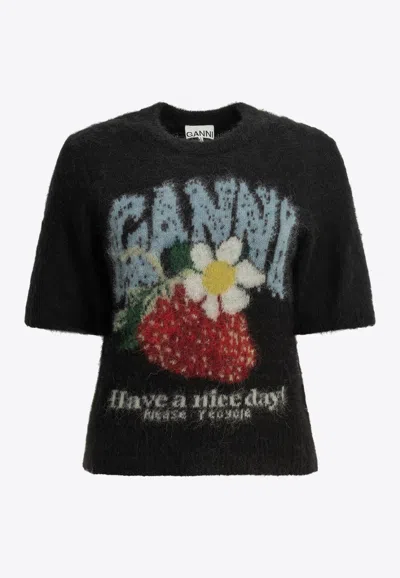 Ganni Strawberry Brushed Yarn Knit Top In Black