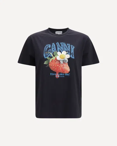 Ganni Strawberry Cotton T-shirt In Black